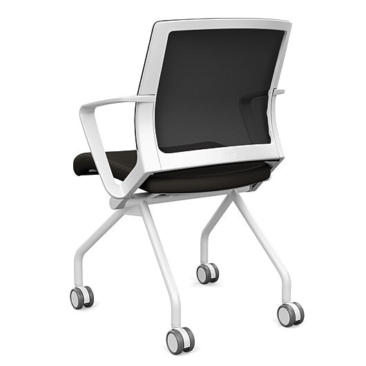 Back view of the SitOnIt Movi Nesting Chair in black vinyl fabric and white frame. Kansas City Office Design.
