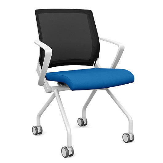 Front view of the SitOnIt Movi Nesting Chair in blue fabric and white frame. Kansas City Office Design.