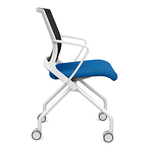 Side view of the SitOnIt Movi Nesting Chair in blue fabric and white frame. Kansas City Office Design.