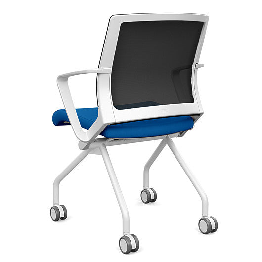Back view of the SitOnIt Movi Nesting Chair in blue fabric and white frame. Kansas City Office Design.