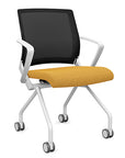 Front view of the SitOnIt Movi Nesting Chair in gold fabric and white frame. Kansas City Office Design.