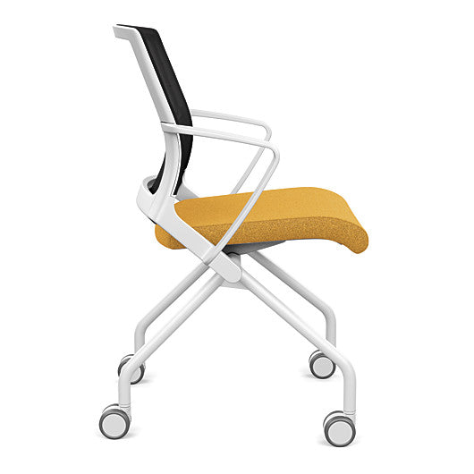 Side view of the SitOnIt Movi Nesting Chair in gold fabric and white frame. Kansas City Office Design.