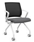 Front view of the SitOnIt Movi Nesting Chair in gray fabric and white frame. Kansas City Office Design.