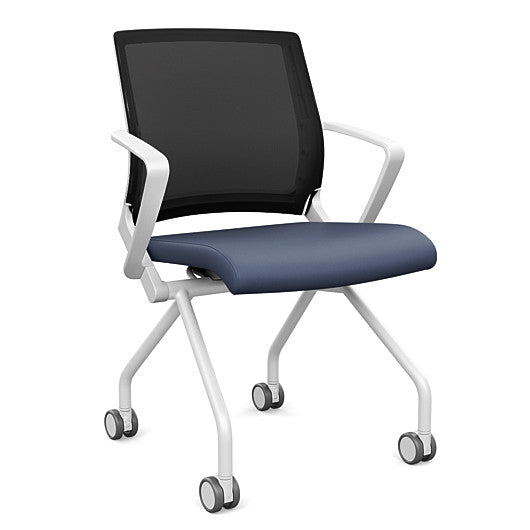 Front view of the SitOnIt Movi Nesting Chair in sapphire vinyl fabric and white frame. Kansas City Office Design.