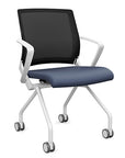 Front view of the SitOnIt Movi Nesting Chair in sapphire vinyl fabric and white frame. Kansas City Office Design.