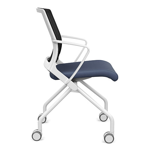 Side view of the SitOnIt Movi Nesting Chair in sapphire vinyl fabric and white frame. Kansas City Office Design.