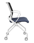 Side view of the SitOnIt Movi Nesting Chair in sapphire vinyl fabric and white frame. Kansas City Office Design.