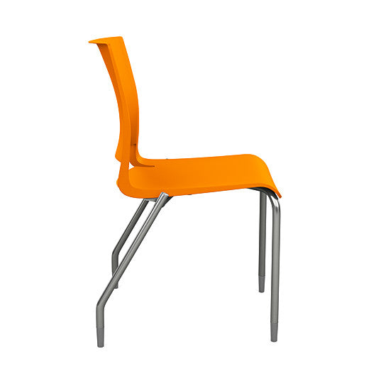 Side view of the SitOnIt Rio 4Leg Stacking chair in orange poly with silver frame. Kansas City Office Design.