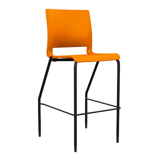 Front view of the SitOnIt Barstool in black frame with orange poly shell. Kansas city office design.