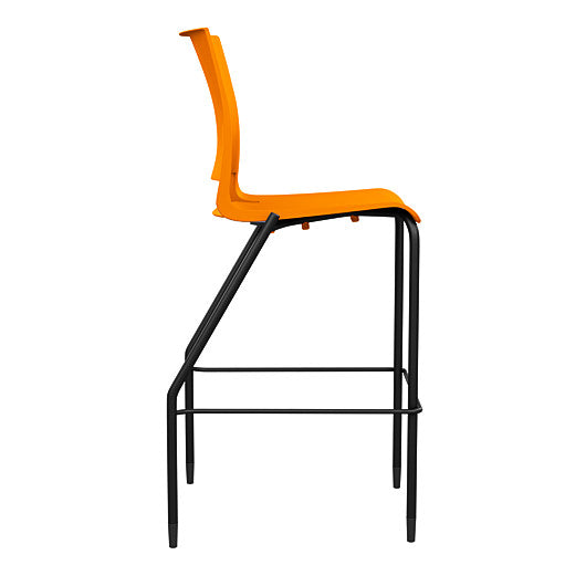 Side view of the SitOnIt Barstool in black frame with orange poly shell. Kansas city office design.