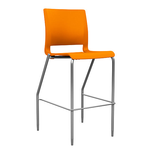 Front view of the SitOnIt BarStool in silver frame with orange poly shell. Kansas city office design.