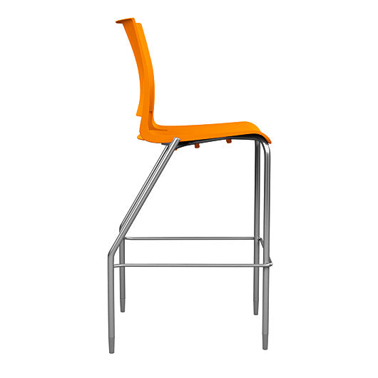 Side view of the SitOnIt BarStool in silver frame with orange poly shell. Kansas city office design.