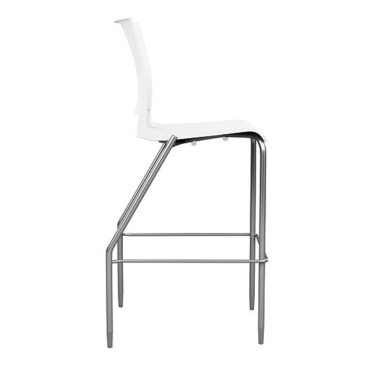 Side view of the SitOnIt BarStool in silver frame with white poly shell. Kansas city office design.
