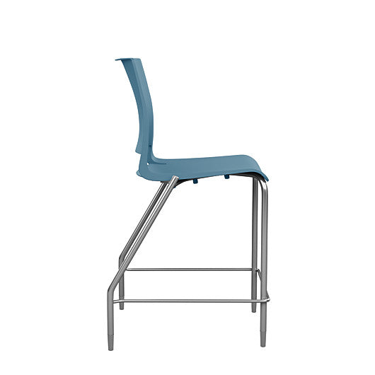 Side view of the SitOnIt Counter Stool in silver frame with lagoon poly shell. Kansas city office design.