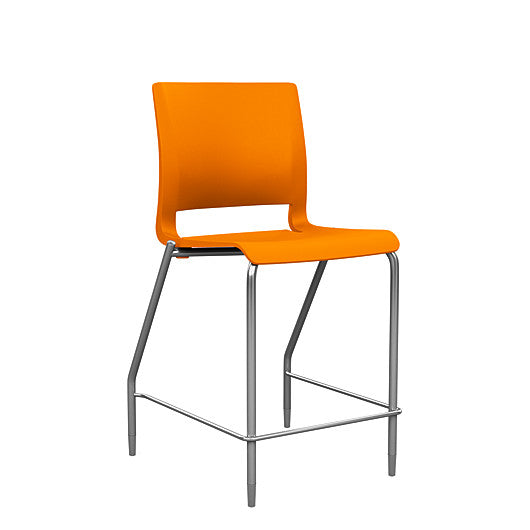 Front view of the SitOnIt Counter Stool in silver frame with orange poly shell. Kansas city office design.