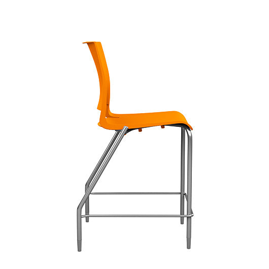 Side view of the SitOnIt Counter Stool in silver frame with orange poly shell. Kansas city office design.