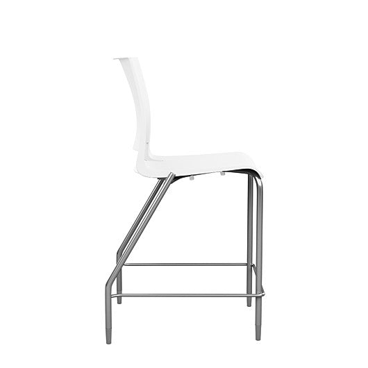 Side view of the SitOnIt Counter Stool in silver frame with white poly shell. Kansas city office design.