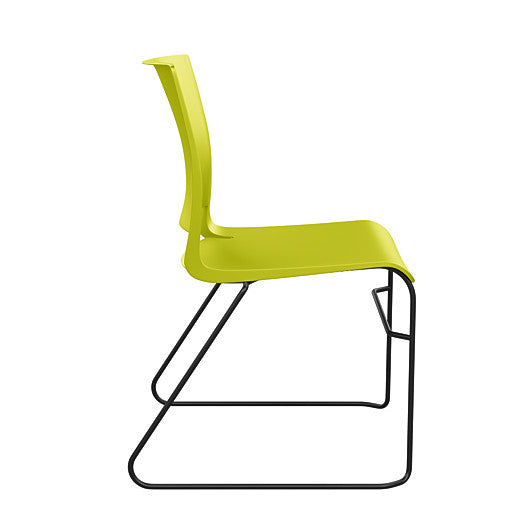 Side view of the SitOnIt Rio Wire Stacking chair in green poly with black frame. Kansas City Office Design.