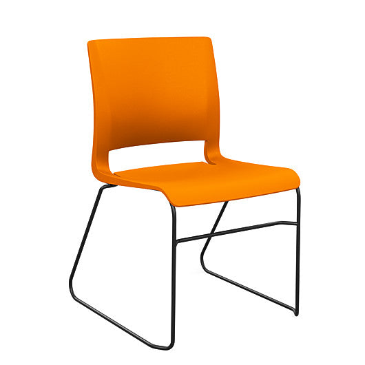 Front view of the SitOnIt Rio Wire Stacking chair in orange poly with black frame. Kansas City Office Design.