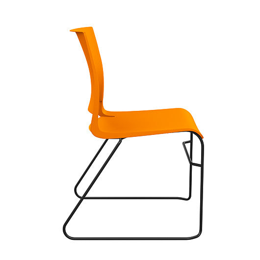 Side view of the SitOnIt Rio Wire Stacking chair in orange poly with black frame. Kansas City Office Design.