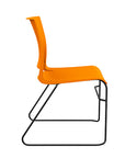Side view of the SitOnIt Rio Wire Stacking chair in orange poly with black frame. Kansas City Office Design.