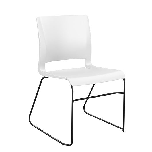 Front view of the SitOnIt Rio Wire Stacking chair in white poly with black frame. Kansas City Office Design.