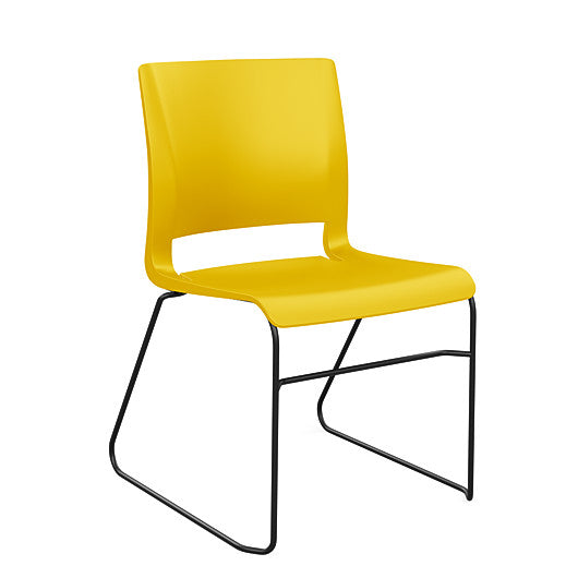 Front view of the SitOnIt Rio Wire Stacking chair in yellow poly with black frame. Kansas City Office Design.