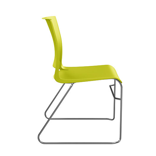 Side view of the SitOnIt Rio Wire Stacking chair in green poly with chrome frame. Kansas City Office Design.
