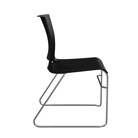 Side view of the SitOnIt Rio Wire Stacking chair in black poly with chrome frame. Kansas City Office Design.