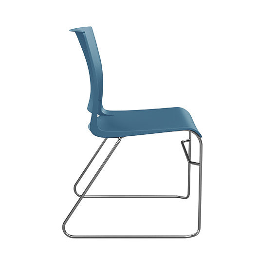Side view of the SitOnIt Rio Wire Stacking chair in lagoon poly with chrome frame. Kansas City Office Design.