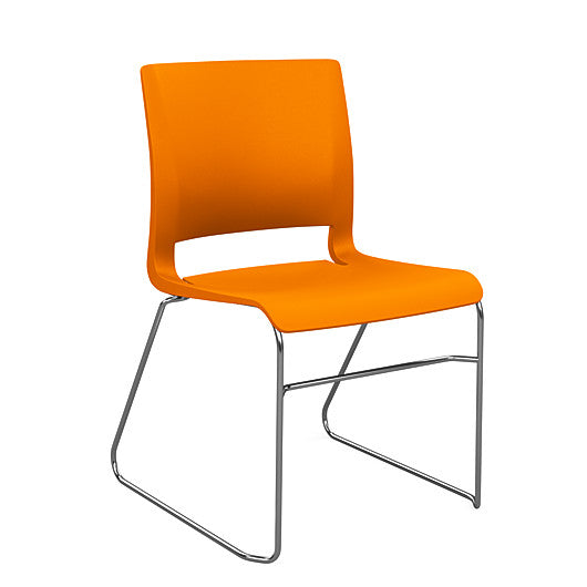 Front view of the SitOnIt Rio Wire Stacking chair in orange poly with chrome frame. Kansas City Office Design.