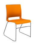 Front view of the SitOnIt Rio Wire Stacking chair in orange poly with chrome frame. Kansas City Office Design.