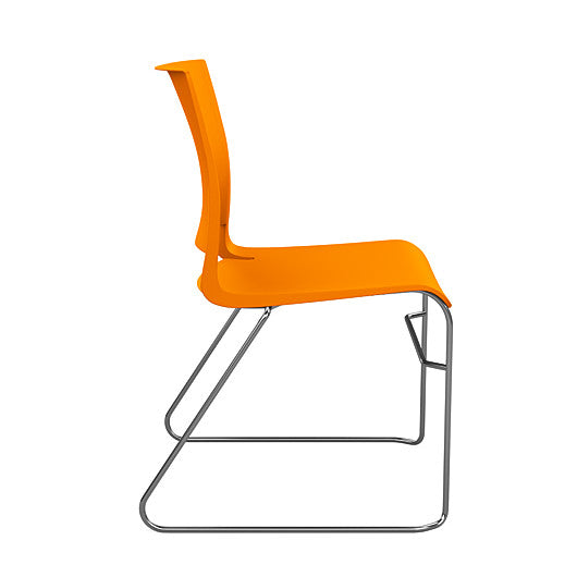Side view of the SitOnIt Rio Wire Stacking chair in orange poly with chrome frame. Kansas City Office Design.