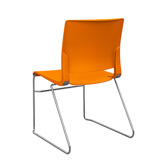 Back view of the SitOnIt Rio Wire Stacking chair in orange poly with chrome frame. Kansas City Office Design.