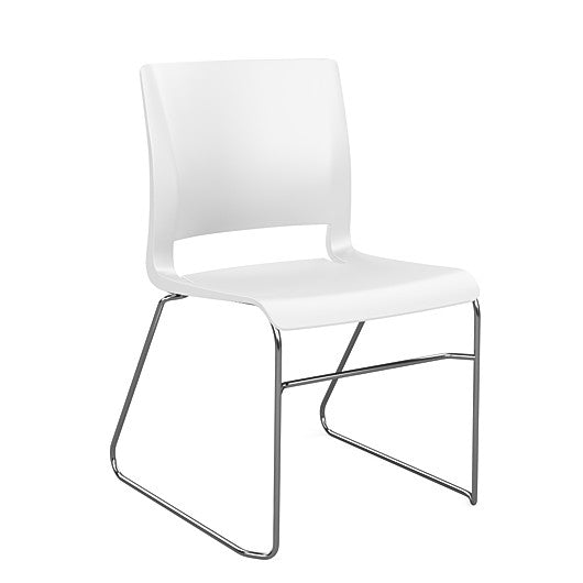 Front view of the SitOnIt Rio Wire Stacking chair in white poly with chrome frame. Kansas City Office Design.