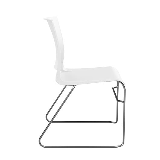 Side view of the SitOnIt Rio Wire Stacking chair in white poly with chrome frame. Kansas City Office Design.
