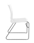Side view of the SitOnIt Rio Wire Stacking chair in white poly with chrome frame. Kansas City Office Design.