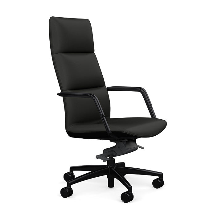 Side View of the SitOnIt Executive back Sephen Executive Conference Chair in Black Vinyl with a black frame. Kansas City Office Design