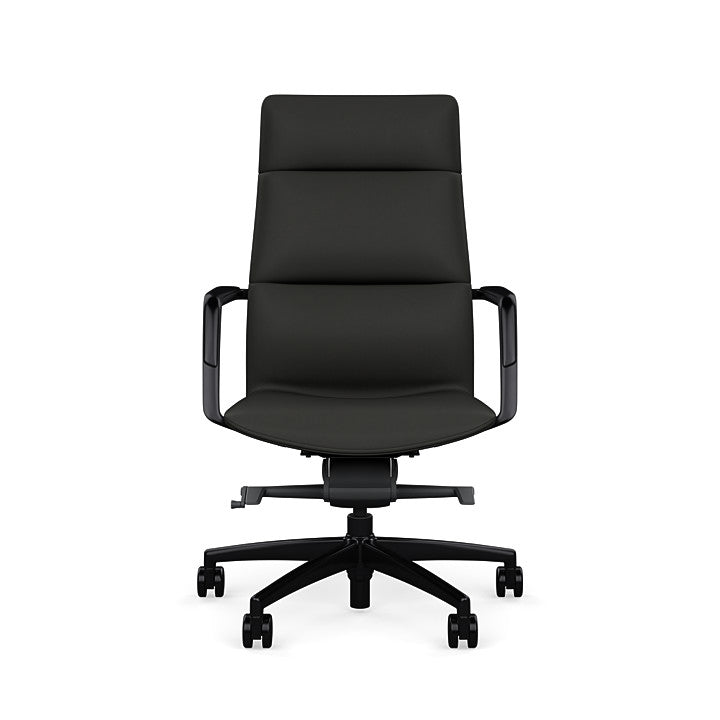 Front View of the SitOnIt High back Sephen Executive Conference Chair in Black Vinyl with a black frame. Kansas City Office Design