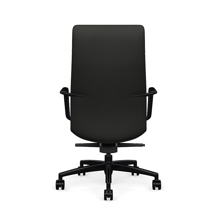 Front View of the SitOnIt High back Sephen Executive Conference Chair in Black Vinyl with a black frame. Kansas City Office Design