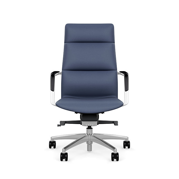Front View of the SitOnIt High back Sephen Executive Conference Chair in Sapphire Vinyl with a polished frame. Kansas City Office Design