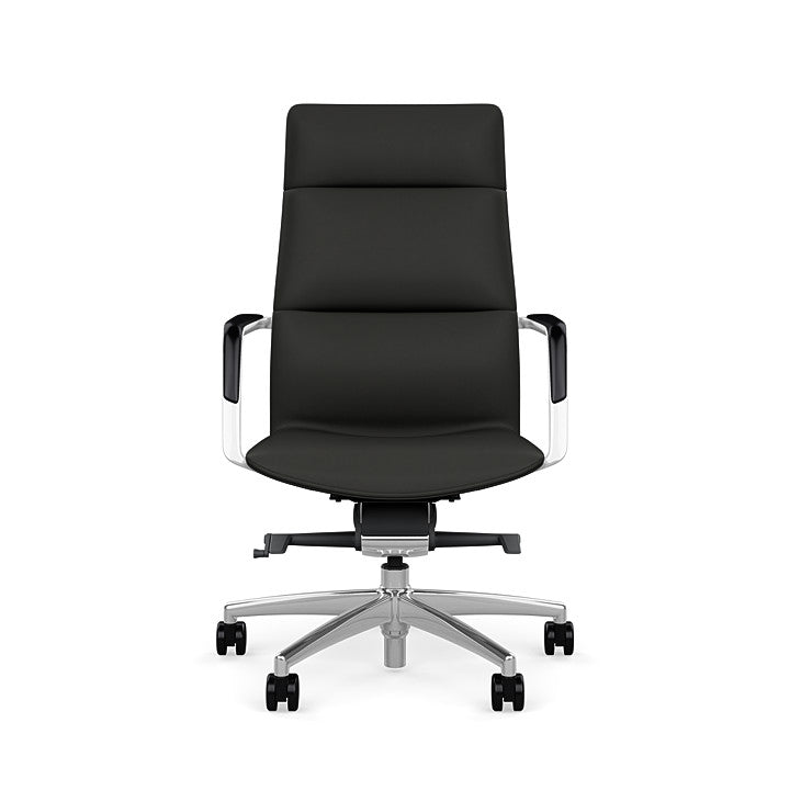 Front View of the SitOnIt High back Sephen Executive Conference Chair in Black Vinyl with a polished frame. Kansas City Office Design