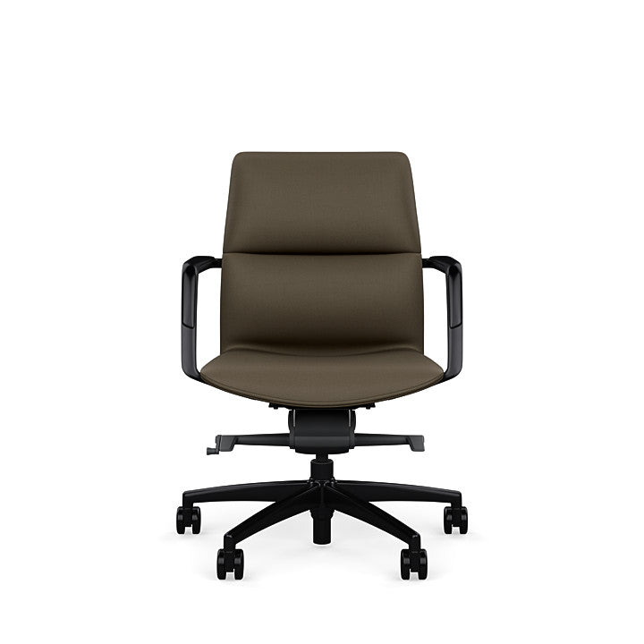 Front View of the SitOnIt Low back Sephen Executive Conference Chair in Brownstone Vinyl with a black frame. Kansas City Office Design