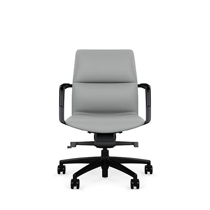 Front View of the SitOnIt Low back Sephen Executive Conference Chair in Platinum Vinyl with a black frame. Kansas City Office Design