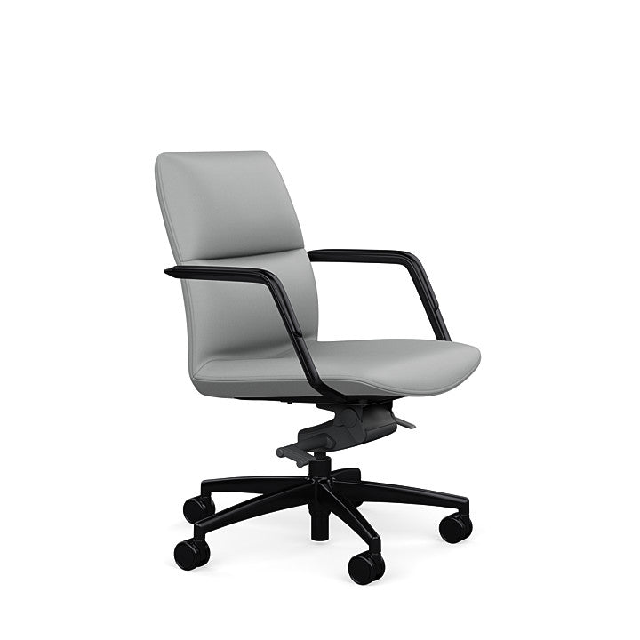 Side View of the SitOnIt Low back Sephen Executive Conference Chair in Platinum Vinyl with a black frame. Kansas City Office Design