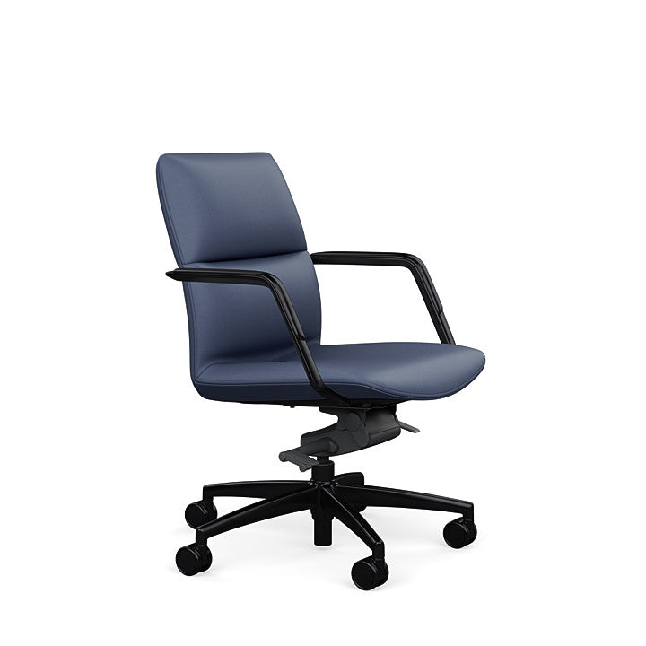 Side View of the SitOnIt Low back Sephen Executive Conference Chair in Sapphire Vinyl with a black frame. Kansas City Office Design