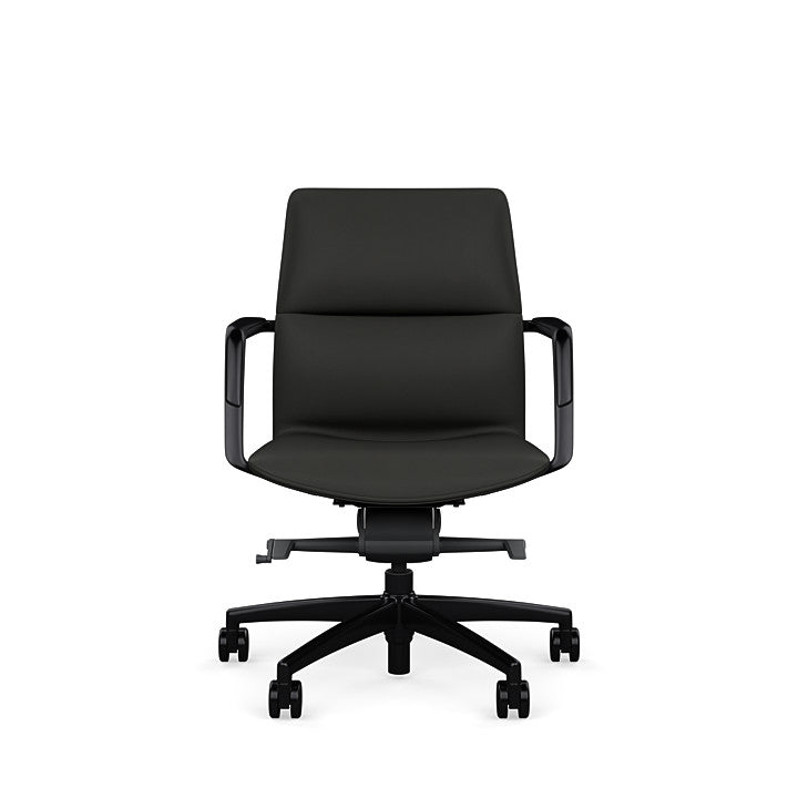 Front View of the SitOnIt Low back Sephen Executive Conference Chair in Black Vinyl with a black frame. Kansas City Office Design