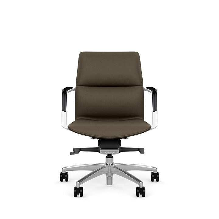 Front View of the SitOnIt Low back Sephen Executive Conference Chair in Brownstone Vinyl with a polished frame. Kansas City Office Design