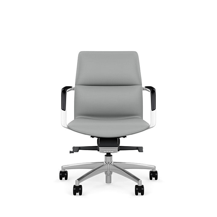 Front View of the SitOnIt Low back Sephen Executive Conference Chair in Platinum Vinyl with a polished frame. Kansas City Office Design