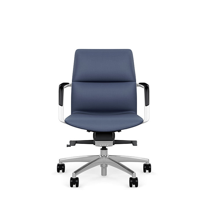 Front View of the SitOnIt Low back Sephen Executive Conference Chair in Sapphire Vinyl with a polished frame. Kansas City Office Design